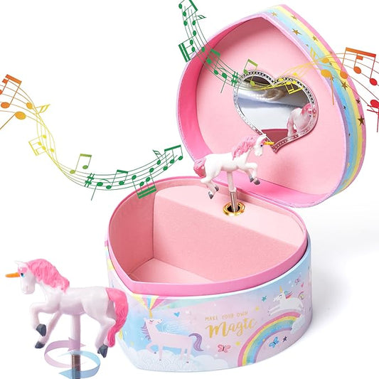 Jewelkeeper Music Jewelry Box for Girls - Sturdy Plastic with Fancy Mirror Twirling Unicorn Figurine and Flocked Lining - Kids Jewelry Box for Secrets and Keepsakes - Heart Shaped Unicorn Print-BubblyBeeBaby