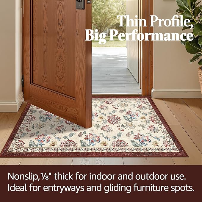 jinchan 3x5 Floral Rug for Entryway Washable Kitchen Rug Vintage Romance Design Small Mat Non Slip Indoor Doormat Lightweight Low-Profile Throw Carpet for Entrance Bathroom Laundry Room, Red/Beige-BubblyBeeBaby