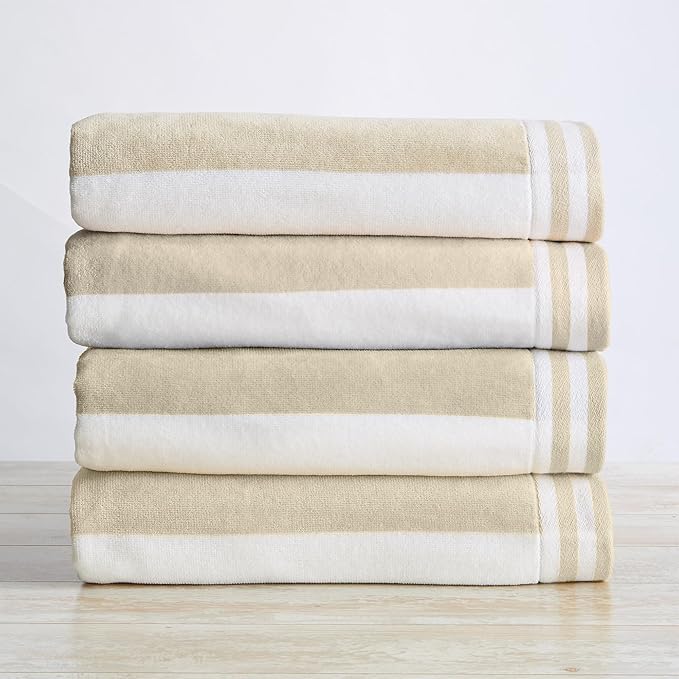 Great Bay Home 100% Cotton Velour 4 Pack Beach Towels 30" x 60" - Taupe Cabana Stripe Pool Towels - Quick Dry, Large Swim Towels-BubblyBeeBaby