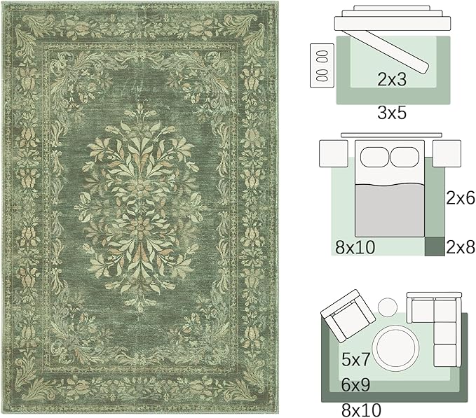jinchan Green Floral 8x10 Area Rugs for Living Room - Machine Washable Vintage Distressed Design Soft Throw Rug Non-Slip Large Carpet for Bedroom Nursery Dining Room Home Office (8x10ft,Dark Green)-BubblyBeeBaby