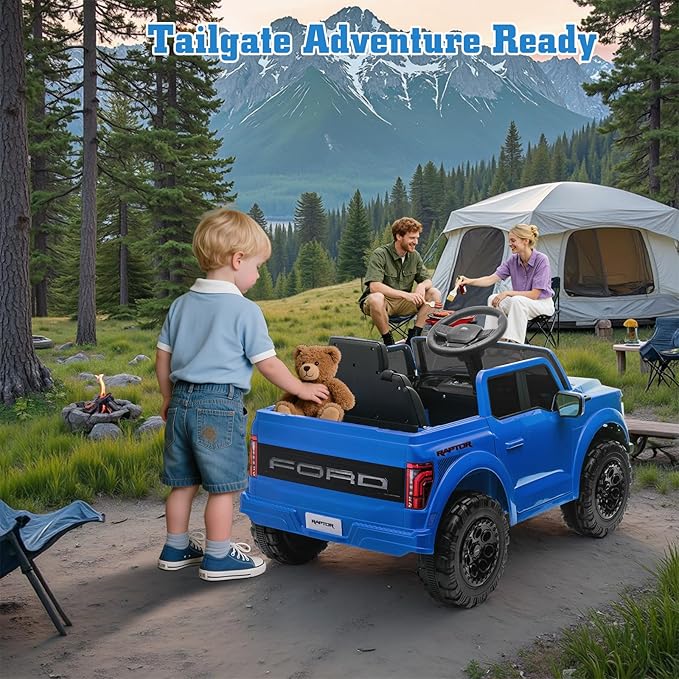 12V Ride on Car Licensed Ford F-150 Raptor, Kids Electric Car with Remote Control, LED Light/Music/MP3, Truck Bed Storage, 3-Point Seat Belt (12V, Blue)-BubblyBeeBaby