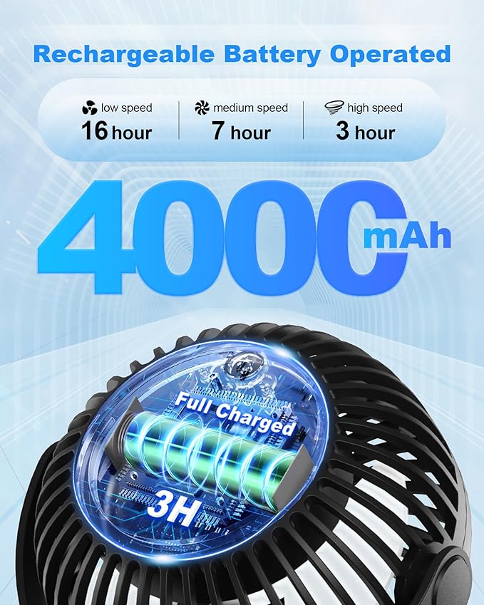 Stroller Fan Clip on for Baby, 4000mAh Rechargeable Battery Operated, Flexible Tripod, 3 Wind Speed, 360° Rotatable, Small Cooling Portable Fan for Car Seat Crib Golf Cart Bike Treadmill, Black-BubblyBeeBaby