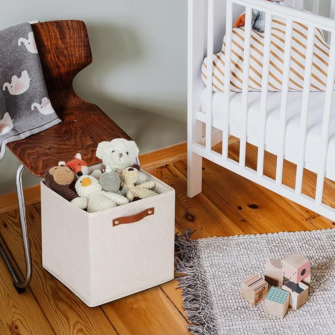 HNZIGE Foldable Storage Cubes Bins for Organizing, Set of 4, Fabric Cube Canvas Storage Bins 11 x11, Collapsible Bins for Organization with Handles for Shelf Nursery(Beige)-BubblyBeeBaby