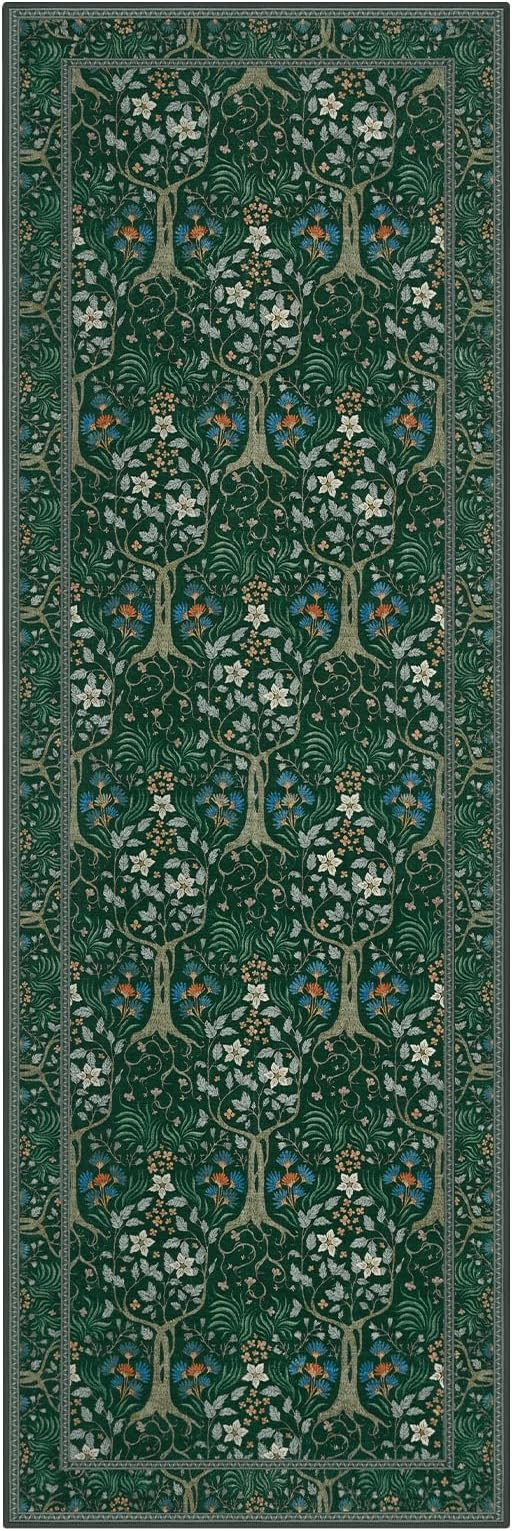 Joydeco Washable Runner Rug Non Slip, Floral Kitchen Carpet Runner 2x6, Soft Low-Pile Botanical Forest Indoor Floor Door Mat for Hallway Bathroom Entryway Laundry Room, Dark Green-BubblyBeeBaby
