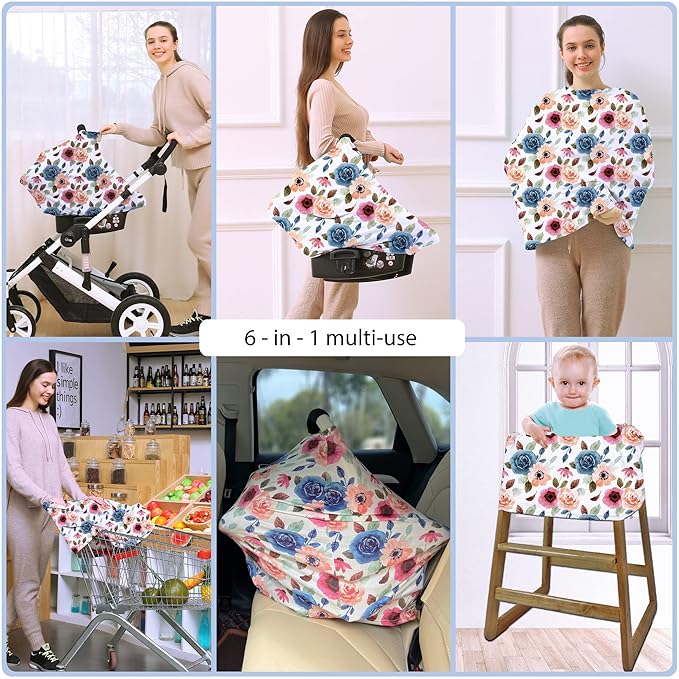 Car Seat Covers for Babies - Multi- use Nursing Carseat Canopy, Breastfeeding Covers, Baby Shower Gifts for Boys and Girls (Colourful Rose)-BubblyBeeBaby