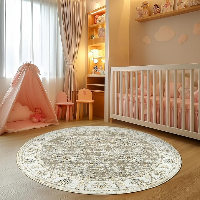 jinchan Round Rug 6ft Area Rugs Vintage Floral Distressed Design - Machine Washable Non-Slip Low-Pile Ultra-Thin Circle Rug for Entryway Bedside Living Room Dining Room Bedroom (6' Round,Taupe)-BubblyBeeBaby