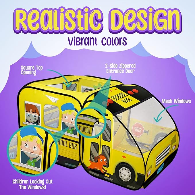 Kiddzery School Bus Pop Up Kids Play Tent - Tents with Sound Play Button for Toddler & Up - Girls and Boys Magic Wheels Bus for Indoor & Outdoor - Pretend Toy Playhouse - Playhouses for Toddlers-BubblyBeeBaby