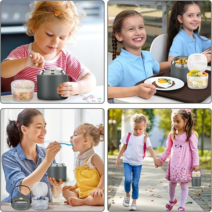 2-in-1 Insulated Food Jar & Snack Container - 15oz Kids Soup Thermos for Hot Food with Handle and Spoon, Leak Proof Reusable Toddler Snack Box, Perfect for School & Travel, Grey-BubblyBeeBaby