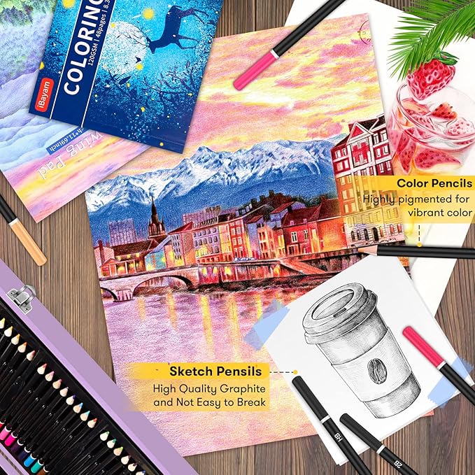 iBayam Stocking Stuffers for Kids Teens Adults, Birthday Party Art Supplies, Christmas Gifts for Teenagers, 150-Pack Wooden Art Set Crafts Drawing Painting Kit with 1 Coloring Book, 2 Sketch Pads-BubblyBeeBaby