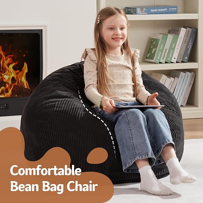 Homguava 2FT Bean Bag Chair,Teardrop Bean Bags Small Beanbag Chair with Memory Foam Filled and Ultra Soft Corduroy Cover for Living Room, Bedroom (Small,Black)-BubblyBeeBaby