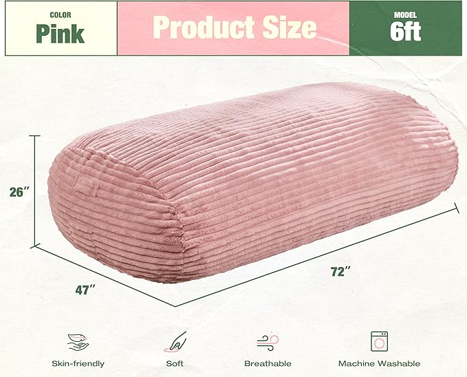 Hobestluk 6FT Bean Bag Chairs Adult Bean Bag with Portable Handle Comfy Large Bean Bag Lounge Chair with Removable Cover for Living Room Bedroom (Stripe Pink, 6FT)-BubblyBeeBaby