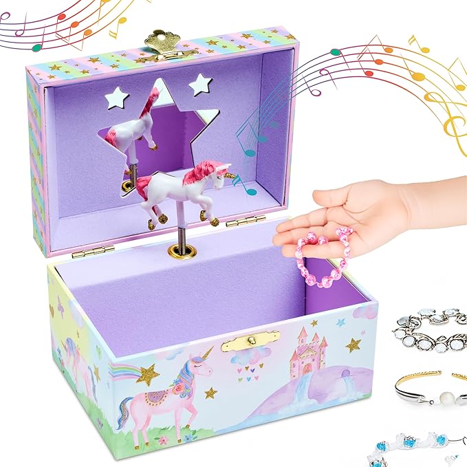 Jewelkeeper Musical Jewelry Box for Girls with Spinning Unicorn, Glitter Rainbow and Stars Design Music Box for Necklace, Earrings, and Accessories, Plays The Beautiful Dreamer Tune-BubblyBeeBaby