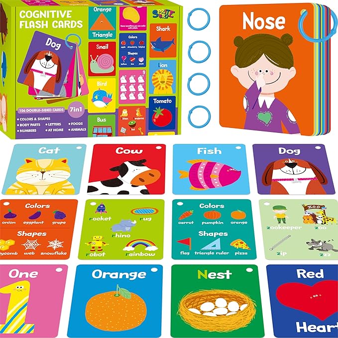 110 PCS Sight Word Flashcards, Double Sided Cards- Alphabet, Foods, Animals, Home Object with 4 Reclosable Rings, Early Learning Tool for Pre-K Kindergarten Toddlers-BubblyBeeBaby
