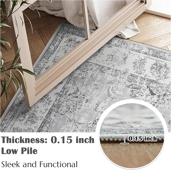 jinchan Runner Rug 2x7 Machine Washable Hallway Rug Grey Vintage Floral Print Non-Slip Low Pile Ultra-Thin for Kitchen,Entryway,Laundry Room,Bedroom,Farmhouse (2‘x7’,Grey)-BubblyBeeBaby