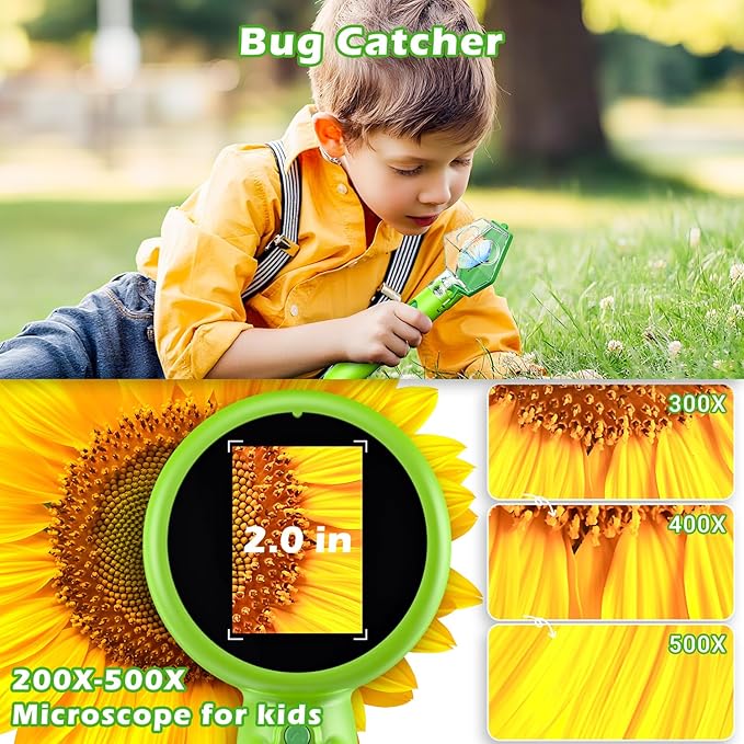 2 in 1 Kids Microscope with Bug Catcher,HD 500X Digital Microscope for Kids with 2" Screen,Photo and Video,STEM Educational Science Kit Learning Toys for Age 3-12 Girls & Boys Birthday Gifts (Green)-BubblyBeeBaby