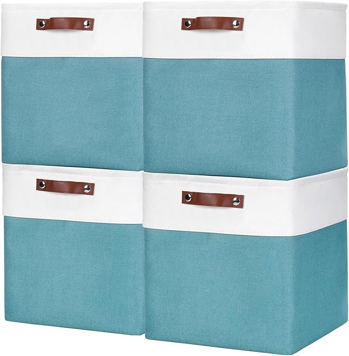 13x13 Cube Storage Bins, Collapsible Fabric Storage Box, 4 Pack Closet Baskets with Handles for Organizing, Shelf, Toys, Clothes, Home, Office, Nursery (Teal&White)-BubblyBeeBaby