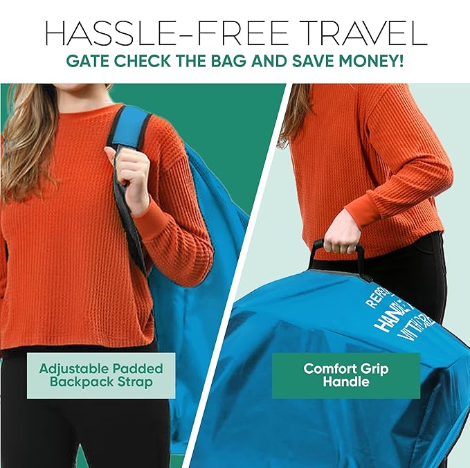 reperkid Large Stroller Bag for Airplane Travel, Blue, 47" H x 24" W x 15" D, Fits Most Large, Single, Double, Jogging Strollers – Premium Waterproof Cover, Adjustable Shoulder Straps-BubblyBeeBaby