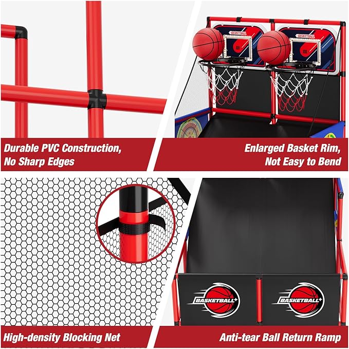 2 in 1 Dual Shot Basketball Arcade Game with 2 Dart Boards/Electronic Scoreboard/LED Light, Kids Basketball Hoop for Home Indoor Outdoor, Sport Toys Gifts for Boys Girls-BubblyBeeBaby