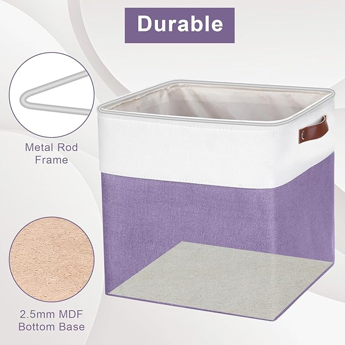 13x13 Cube Storage Bins, Collapsible Fabric Storage Box, 4 Pack Closet Baskets with Handles for Organizing, Shelf, Toys, Clothes, Home, Office, Nursery (Purple&White)-BubblyBeeBaby
