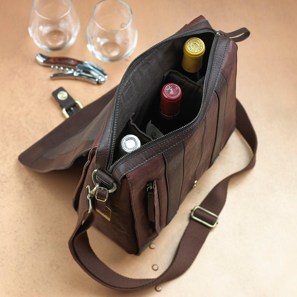 Wine Enthusiast 3-Bottle Leather Wine Tote Bag | Handcrafted Leather Wine Carrier with Dividers | Secure Buckle & Zipper Closure | Portable Wine Cooler Bag for Picnics, Travel & Parties | Wine Gifts
