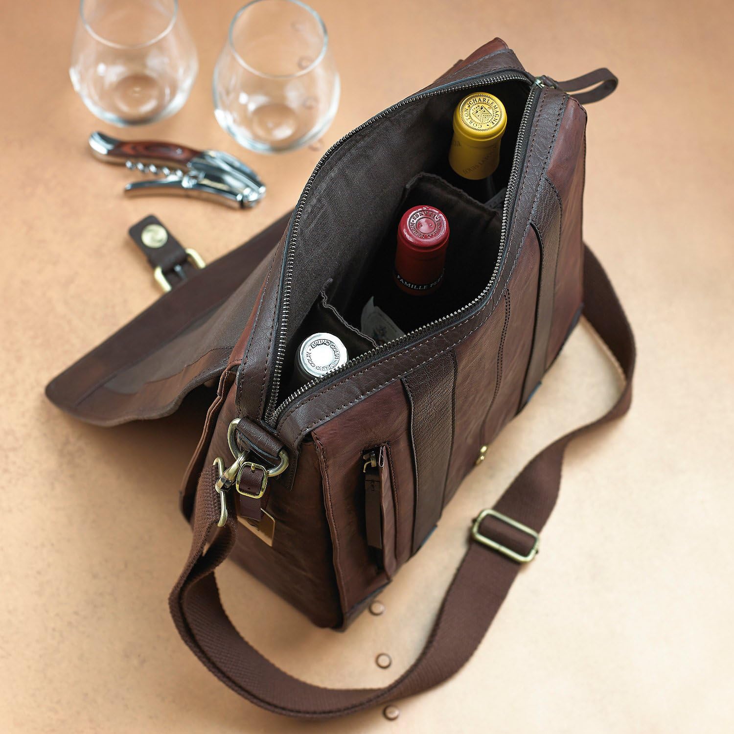 Wine Enthusiast 3-Bottle Leather Wine Tote Bag | Handcrafted Leather Wine Carrier with Dividers | Secure Buckle & Zipper Closure | Portable Wine Cooler Bag for Picnics, Travel & Parties | Wine Gifts