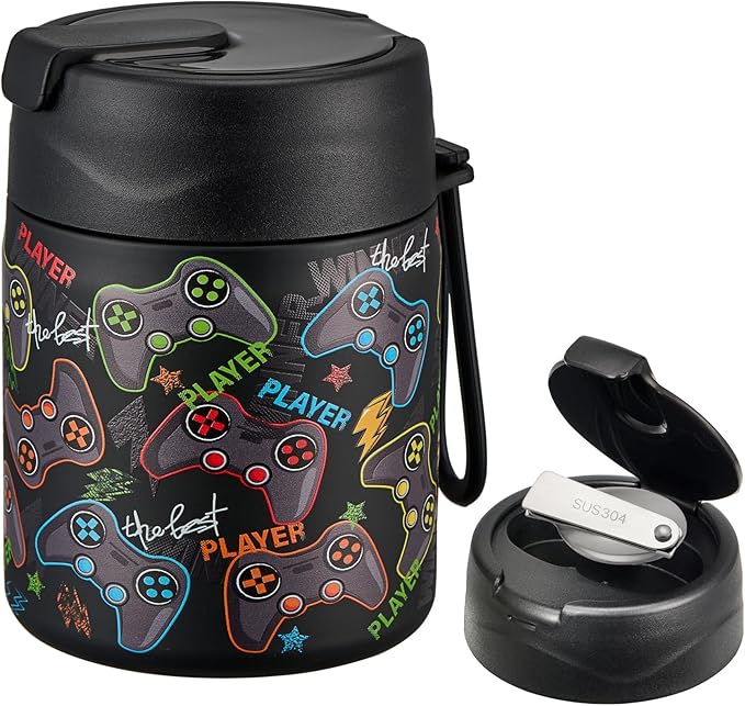 17oz Soup Thermo for Hot Food Kids,Insulated Food Jar with Spoon,Thermo Hot Food Lunch Container,Wide Mouth Leakproof Stainless Steel Lunch Box for School-Black Game-BubblyBeeBaby