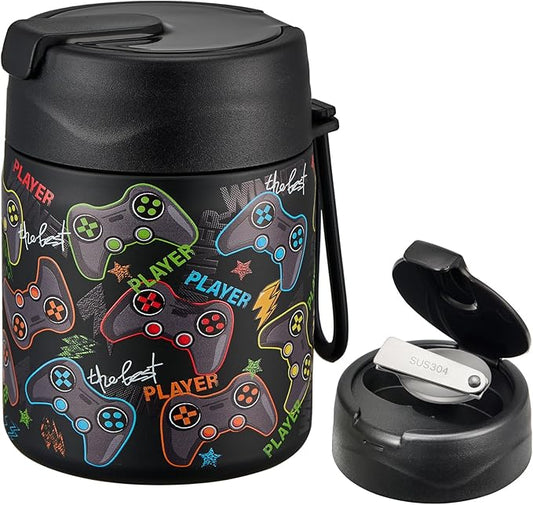 17oz Soup Thermo for Hot Food Kids,Insulated Food Jar with Spoon,Thermo Hot Food Lunch Container,Wide Mouth Leakproof Stainless Steel Lunch Box for School-Black Game-BubblyBeeBaby