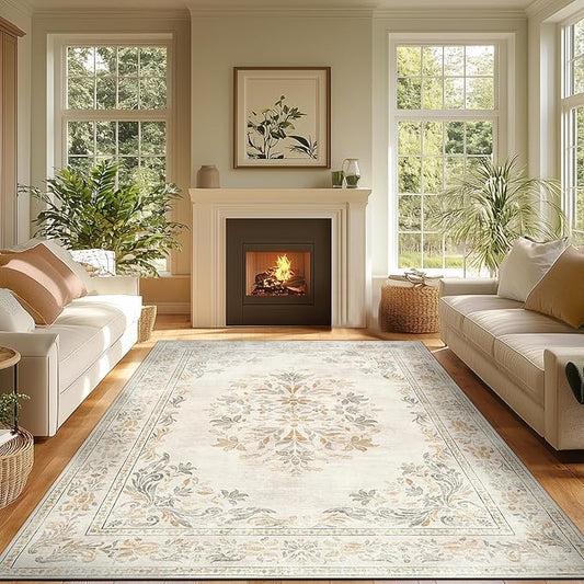 jinchan Vintage Floral 8x10 Area Rugs for Living Room - Machine Washable Distressed Design Soft Throw Rug Thin Non-Slip Large Carpet for Bedroom Nursery Dining Room Home Office (8x10ft,Light Grey)-BubblyBeeBaby