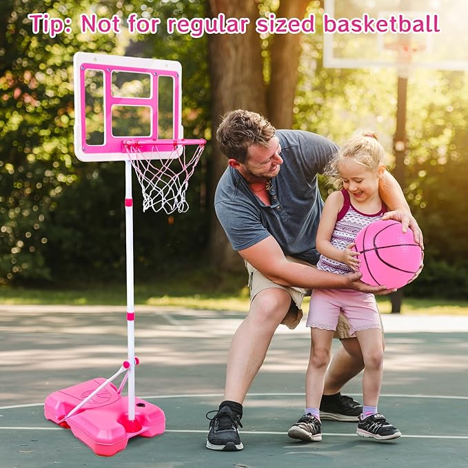 Kids Basketball Hoop with Stand, Adjustable Height 3.5FT-6.2FT Toddler Basketball Hoop, Basketball Goal Outdoor Indoor Toys for Girls Age 3 4 5 6 7 8 Years Old Gifts(Pink)-BubblyBeeBaby