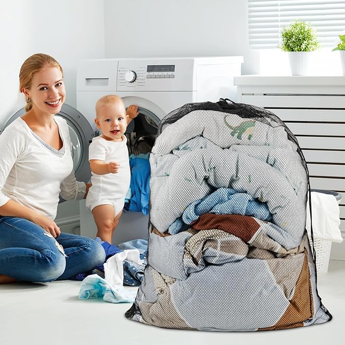 2 Pack Mesh Laundry Bags, Large Travel Laundry Washing Bags for Dirty Clothes Storage, 24" X 36" Washable Heavy Duty Laundry Net Bag With Drawstring for College Dorm, Hamper, Room, Laundromat (Black)-BubblyBeeBaby