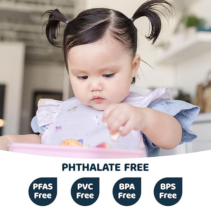 Tiny Twinkle Mess-Proof Baby Bib - Waterproof Bib for Baby Girl - Machine Washable - Adjustable Closure - PVC, BPA, & Phthalate Free - Great for Travel - Baby Food Bibs (3 Pack, Unicorn Set)-BubblyBeeBaby