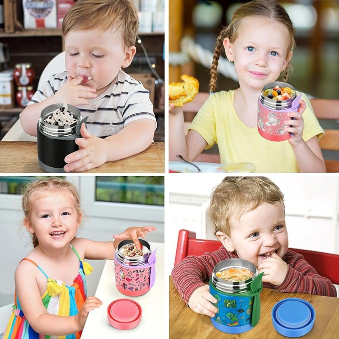 10oz Soup Thermo for Hot Food Kids,Lunch Thermo Kids Food Jar with Spoon Hot Insulated Food Containers,Leak Proof Stainless Steel Wide Mouth Lunch Food Thermo Jar for School(Blue-Dinosaur)-BubblyBeeBaby