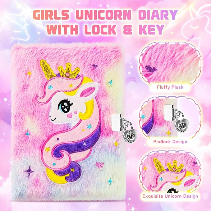 13PCS Unicorns Gifts for Girls Kids Toys 3 4 5 6 7 8 9 10 Years Old with Stationery Plush Diary with Lock/Glowing Blanket/Eye Mask/Crossbody Bag Teen Girl Birthday Christmas Unicorn Toy-BubblyBeeBaby