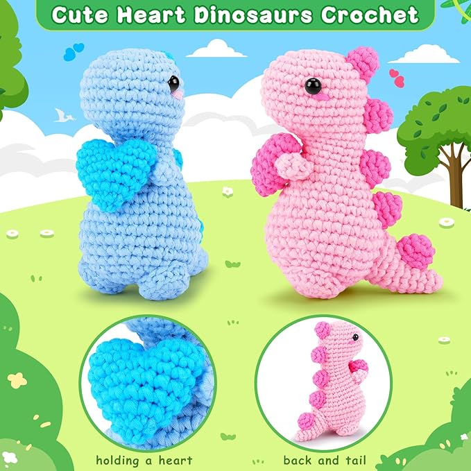 Heart Dinosaurs Crochet Kit for Beginners - 2PCS Blue and Pink Dinosaurs Crochet Kit with Step-by-Step Video Tutorials, Dinosaur Crochet Starter Kit for Adult Kid, Crochet Stuffed Animal Knitting Kit-BubblyBeeBaby