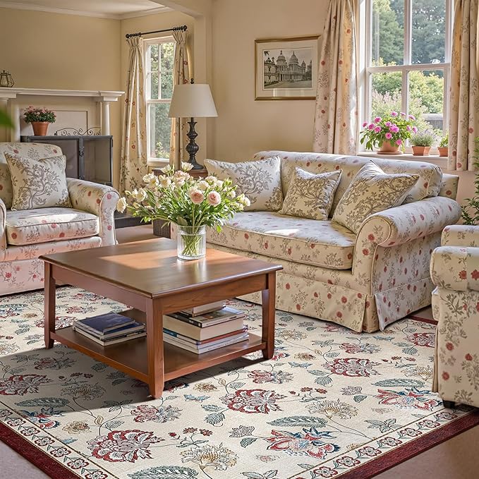 jinchan 8x10 Floral Rug for Living Room Washable Bedroom Rug Vintage Romance Design Non Slip Thin Indoor Floor Cover Large Low-Profile Throw Carpet for Dining Room Office, Red/Beige-BubblyBeeBaby