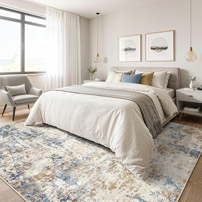 10x12 Area Rug Living Room: Washable Large Abstract Modern Soft Rugs Stain Resistant Indoor Floor Non Slip Accent Carpet for Bedroom Nursery Playroom Office Dining Room Dorm Home House- Tan Blue-BubblyBeeBaby