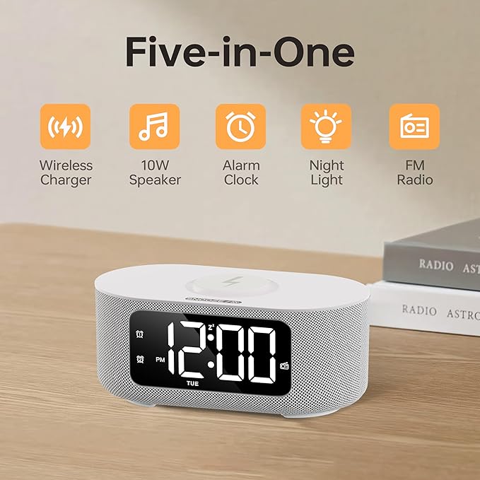 JALL Fabric Alarm Clock for Bedroom, with Big Led Screen Display, Bluetooth Stereo Sound Speaker, FM Radio, Fast Wireless Charging, USB Charging Port, Nightlight, White Noise, Ideal for Gift, Gray-BubblyBeeBaby