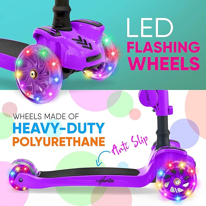 Hurtle 3-Wheeled Scooter for Kids - Wheel LED Lights, Adjustable Lean-to-Steer Handlebar, and Foldable Seat - Sit or Stand Ride with Brake for Boys and Girls Ages 1-14 Years Old-BubblyBeeBaby