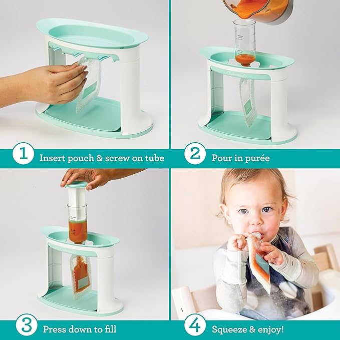 Infantino Squeeze Station, Baby Food Maker & Pouch Filler, Fill 3 Reusable Pouches at Once, Easy to Use, Dishwasher Safe, Homemade Baby Food Prep Essential, Teal-BubblyBeeBaby