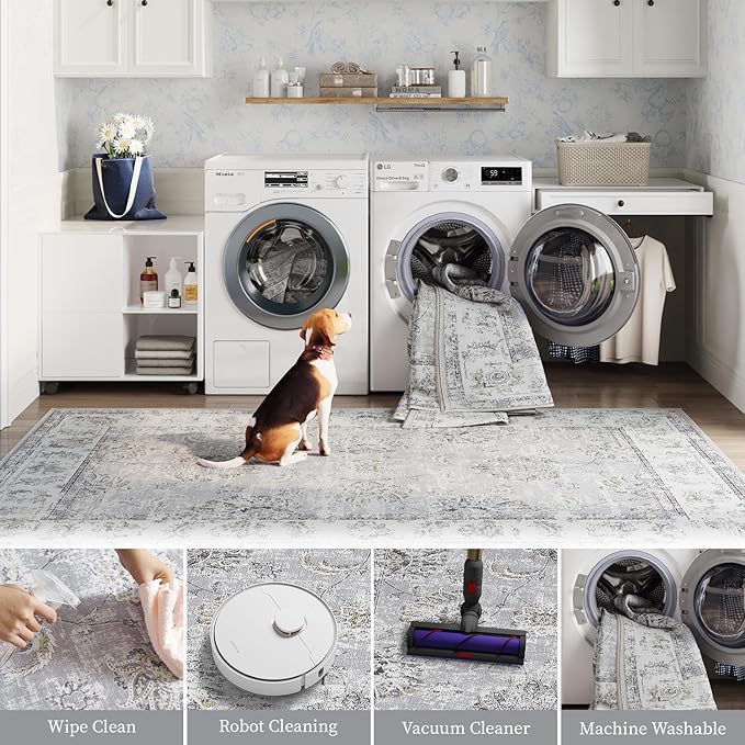 jinchan Hallway Runner Rug 2x8 Machine Washable Runner Rug Grey Vintage Floral Design Non-Slip Ultra-Thin for Kitchen Laundry Room Bedroom Farmhouse (2‘x8',Grey)-BubblyBeeBaby