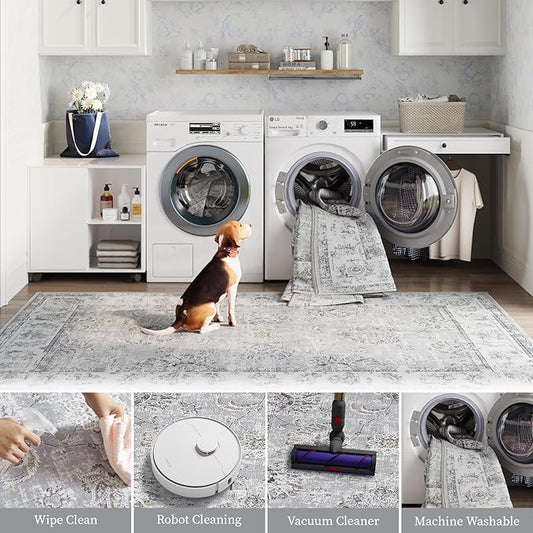 jinchan Round Rug 7ft Area Rugs - Vintage Floral Distressed Design Machine Washable Non-Slip Low-Pile Ultra-Thin Circle Rug for Living Room Dining Room Bedroom Home Office Farmhouse (7' Round,Grey)-BubblyBeeBaby