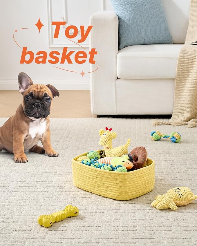 KALLAX Small Woven Basket, 12 x 8 x 4.5 Inches, Storage Basket for Organizing, Cute Small Rope Shelf Closet Cube Storage Bins Baskets for Shelves, Dog Toy Gift Baskets Empty, 3 Pack Yellow-BubblyBeeBaby