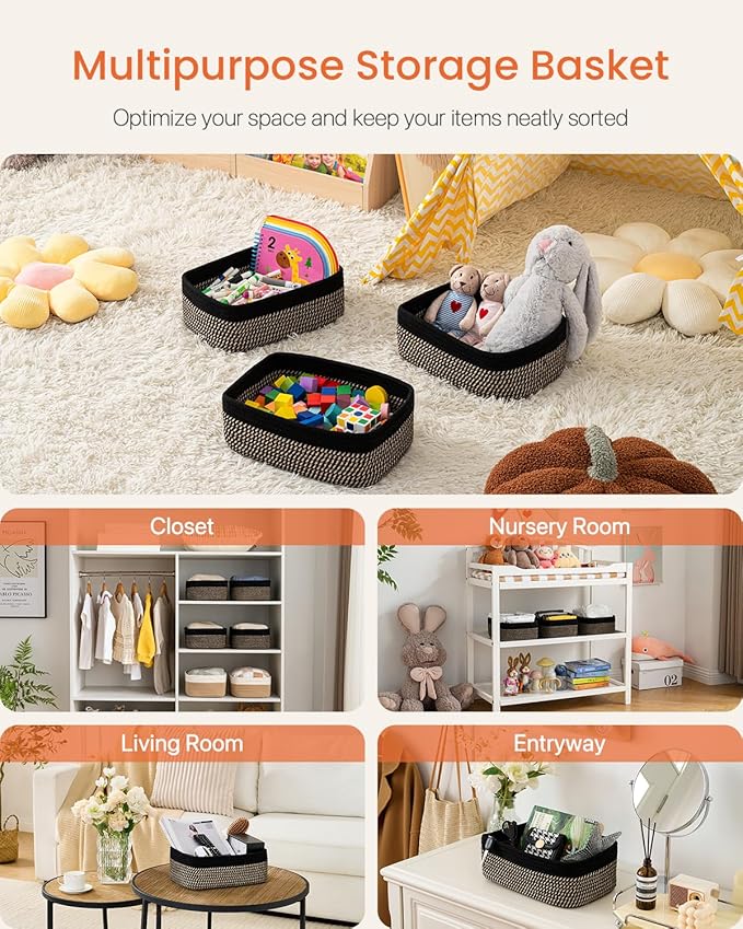 KALLAX Small Woven Basket, 12 x 8 x 4.5 Inches, Storage Basket for Organizing, Cute Small Rope Shelf Closet Cube Storage Bins Baskets for Shelves, Dog Toy Gift Baskets Empty, 3 Pack Black & Brown-BubblyBeeBaby