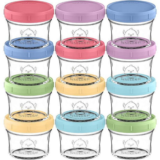 KeaBabies 12pk 4oz Glass Baby Food Containers with Lids - Leak-Proof, Microwavable Small Glass Jars, Baby Purees & Toddler Snack Storage Containers, BPA-Free, Dishwasher & Freezer Safe (Nord)-BubblyBeeBaby