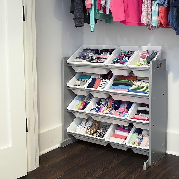 Humble Crew Kids Toy Storage Organizer with 12 Plastic Bins, Grey/White – Removable Bins for Playroom, Bedroom, Toddler Furniture for Boys and Girls Ages-BubblyBeeBaby