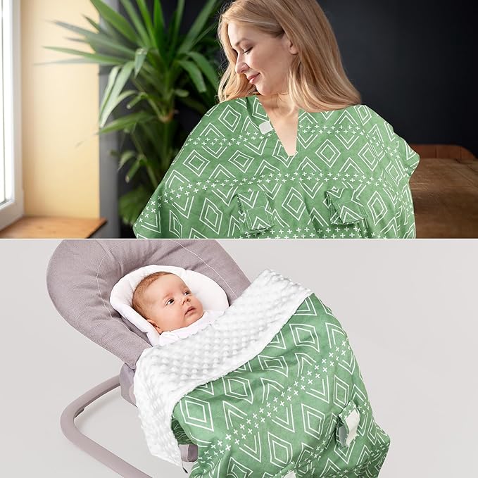 TANOFAR Baby Carseat Canopy, Peekaboo Opening Car Seat Canopy for Babies, Soft and Breathable Infant Carrier Canopy, Multi-use Baby Carrier, Stroller, Nursing Cover, Minky Blanket, Green-BubblyBeeBaby