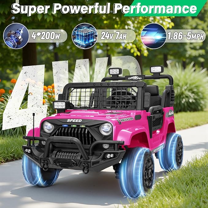 2 Seater Ride On Car Truck with Remote Control XL, Kids 24V Battery Powered Electric Vihicle w/21 in Seat, 3 Speeds, 2WD/4WD Switichable, Shock Absorbers,Bluetooth, Flower, Gift Choice-BubblyBeeBaby