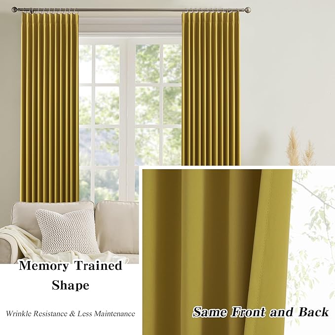 KEQIAOSUOCAI Yellow Pinch Pleated Curtains 92 Inch Length 2 Panels Set Noise Cancelling Window Drapes for Nursery Bedroom Living Room 40x92-BubblyBeeBaby