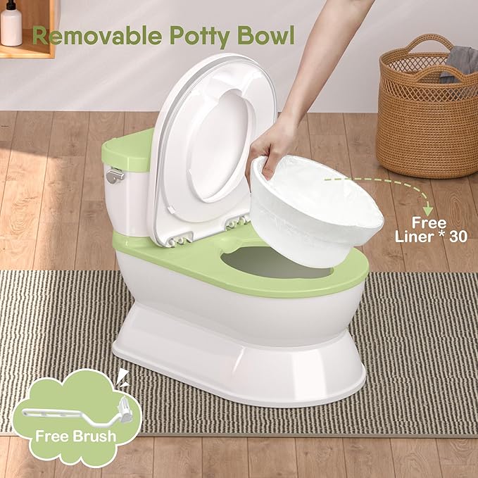2-in-1 Toddler Potty Training Toilet - Larger Potty Chair & Detachable Training Seat for Boys & Girls Ages 1-3 with Flushing Sound, Wipes Storage, Toilet Paper Holder - Green-BubblyBeeBaby