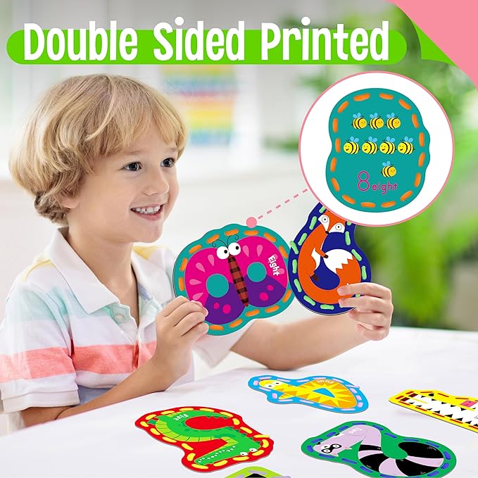 10 Pieces Number Lacing Cards, 0-9 Double Sided Sewing Cards with 10 Colorful Laces, Imagination Development Lacing Toys Games for Children Educational and Learning Activity-BubblyBeeBaby